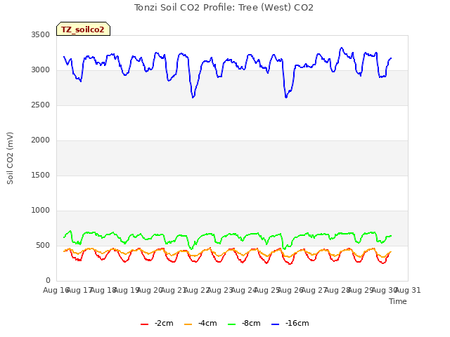 plot of Tonzi Soil CO2 Profile: Tree (West) CO2