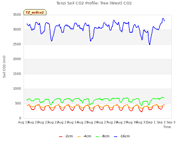 plot of Tonzi Soil CO2 Profile: Tree (West) CO2