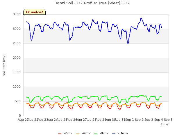 plot of Tonzi Soil CO2 Profile: Tree (West) CO2