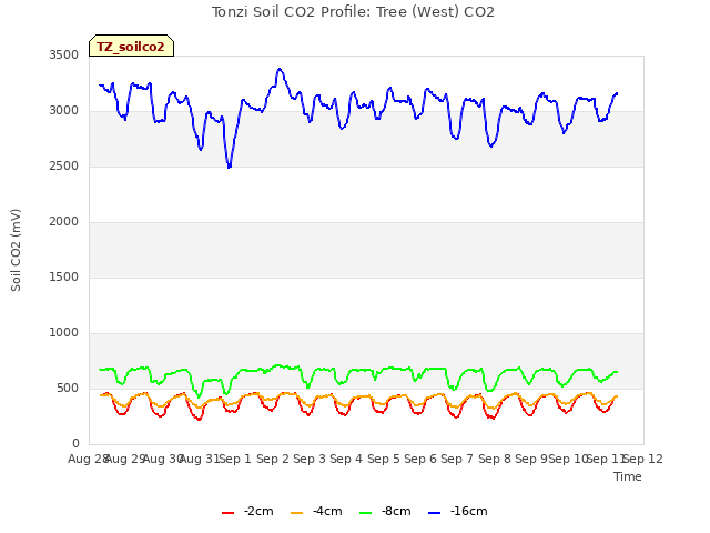 plot of Tonzi Soil CO2 Profile: Tree (West) CO2