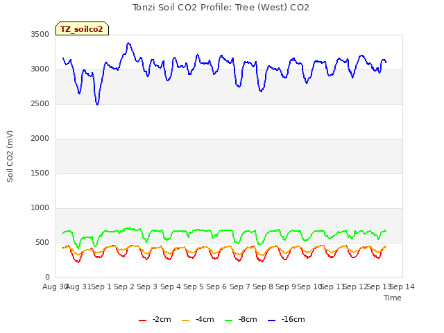 plot of Tonzi Soil CO2 Profile: Tree (West) CO2