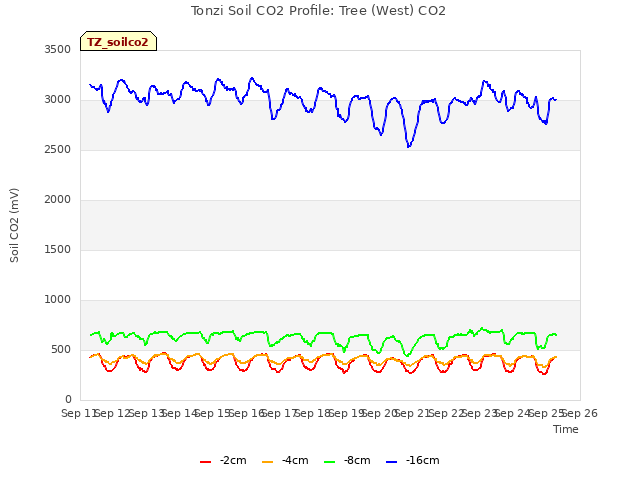 plot of Tonzi Soil CO2 Profile: Tree (West) CO2