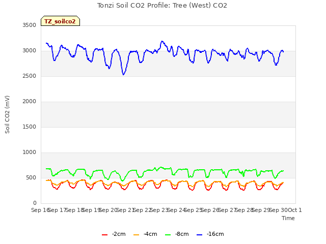 plot of Tonzi Soil CO2 Profile: Tree (West) CO2