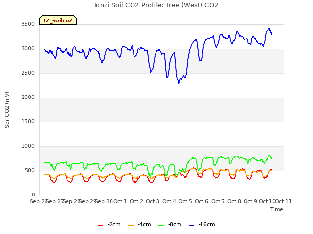 plot of Tonzi Soil CO2 Profile: Tree (West) CO2