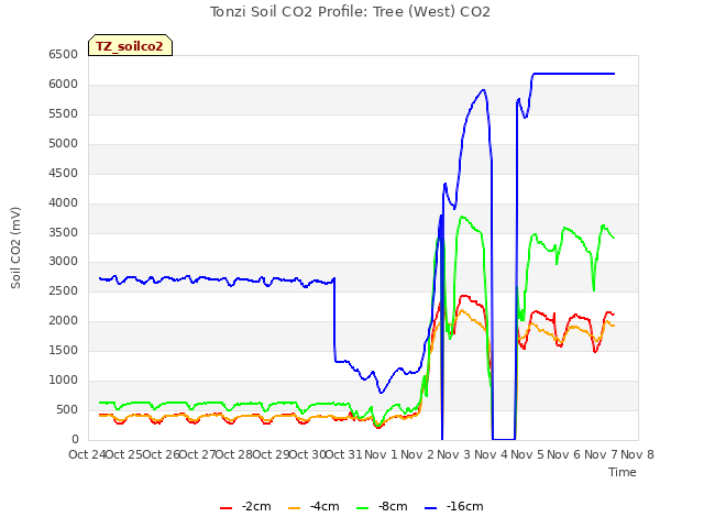 plot of Tonzi Soil CO2 Profile: Tree (West) CO2