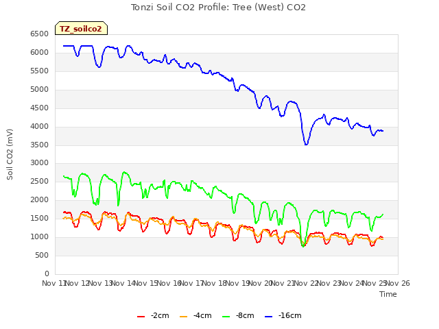 plot of Tonzi Soil CO2 Profile: Tree (West) CO2