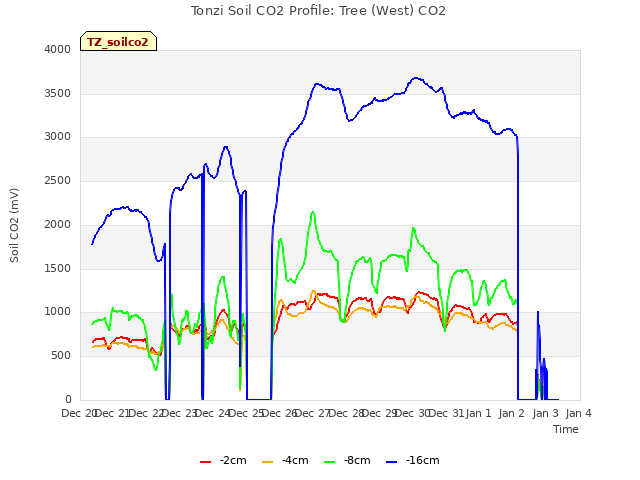 plot of Tonzi Soil CO2 Profile: Tree (West) CO2