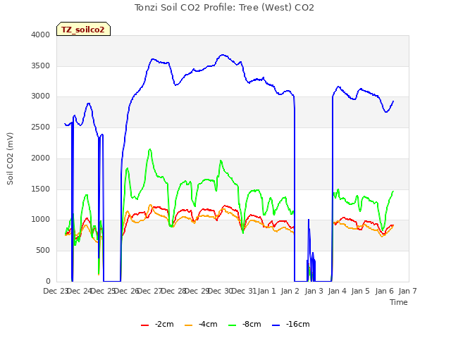 plot of Tonzi Soil CO2 Profile: Tree (West) CO2