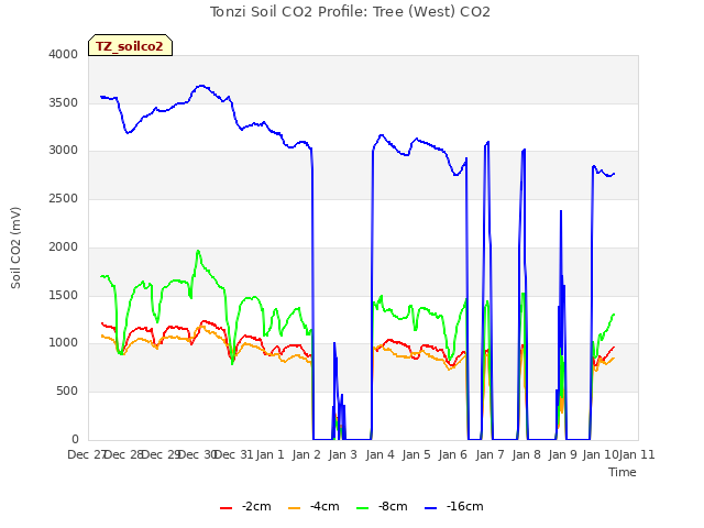 plot of Tonzi Soil CO2 Profile: Tree (West) CO2