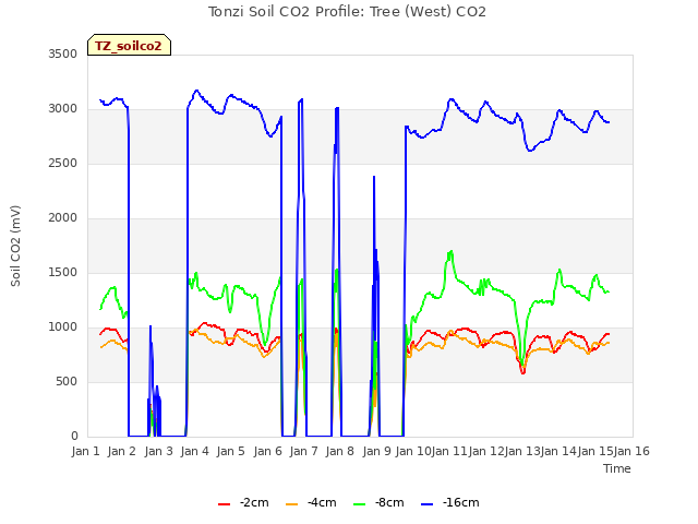 plot of Tonzi Soil CO2 Profile: Tree (West) CO2