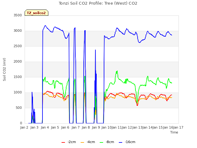 plot of Tonzi Soil CO2 Profile: Tree (West) CO2