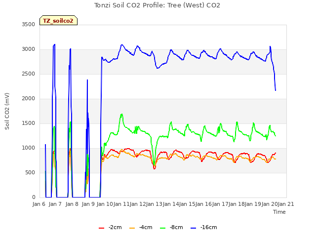 plot of Tonzi Soil CO2 Profile: Tree (West) CO2