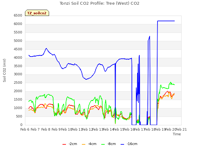 plot of Tonzi Soil CO2 Profile: Tree (West) CO2