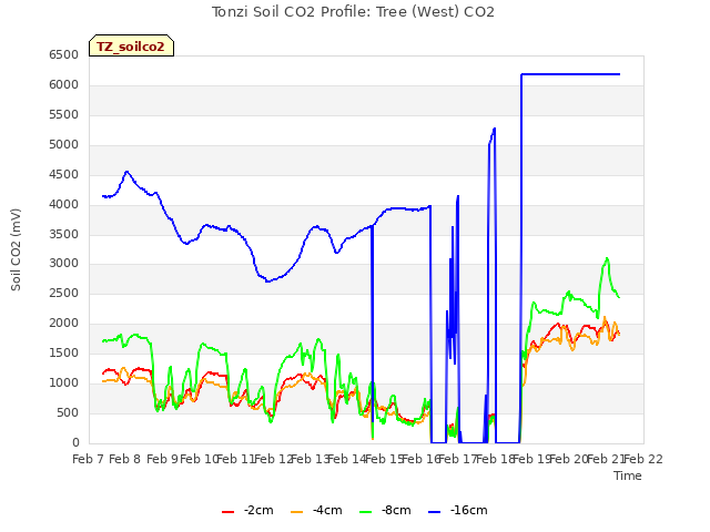 plot of Tonzi Soil CO2 Profile: Tree (West) CO2