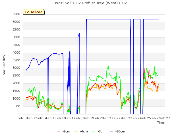 plot of Tonzi Soil CO2 Profile: Tree (West) CO2