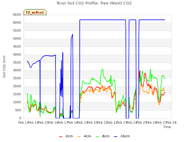 plot of Tonzi Soil CO2 Profile: Tree (West) CO2