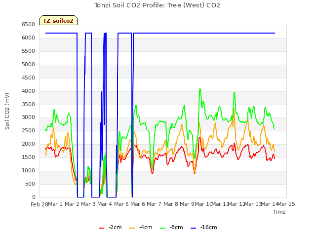 plot of Tonzi Soil CO2 Profile: Tree (West) CO2