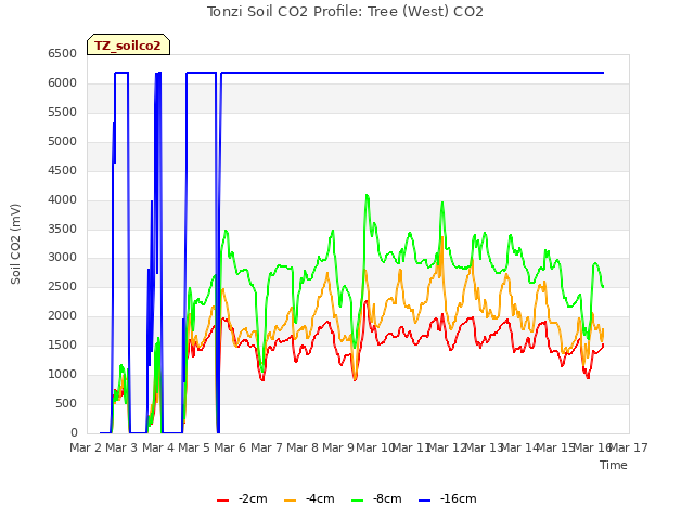 plot of Tonzi Soil CO2 Profile: Tree (West) CO2