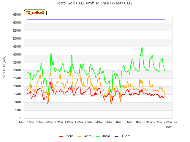 plot of Tonzi Soil CO2 Profile: Tree (West) CO2