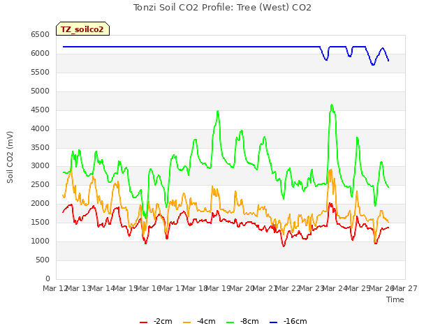 plot of Tonzi Soil CO2 Profile: Tree (West) CO2