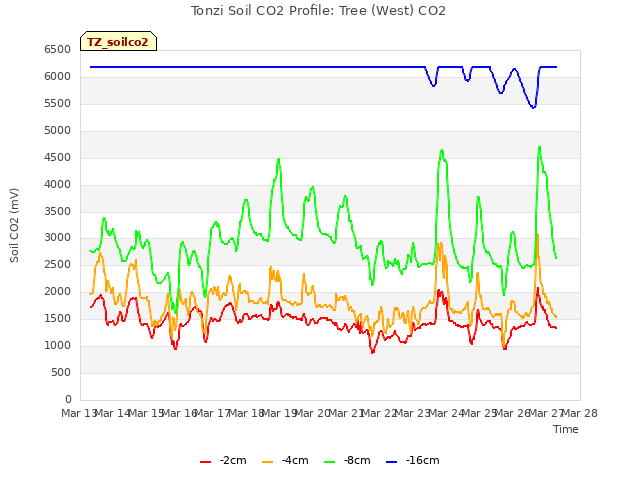 plot of Tonzi Soil CO2 Profile: Tree (West) CO2