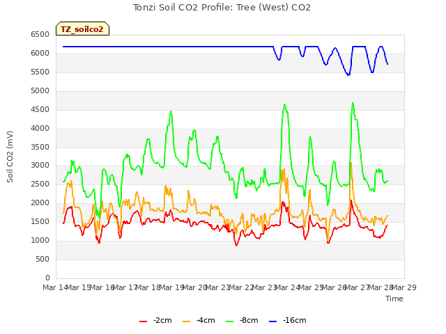 plot of Tonzi Soil CO2 Profile: Tree (West) CO2