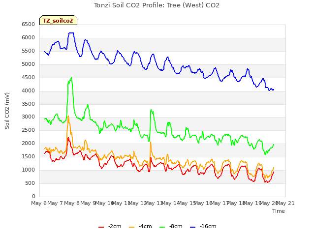 plot of Tonzi Soil CO2 Profile: Tree (West) CO2