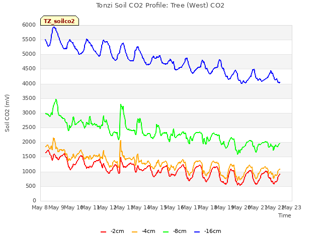 plot of Tonzi Soil CO2 Profile: Tree (West) CO2