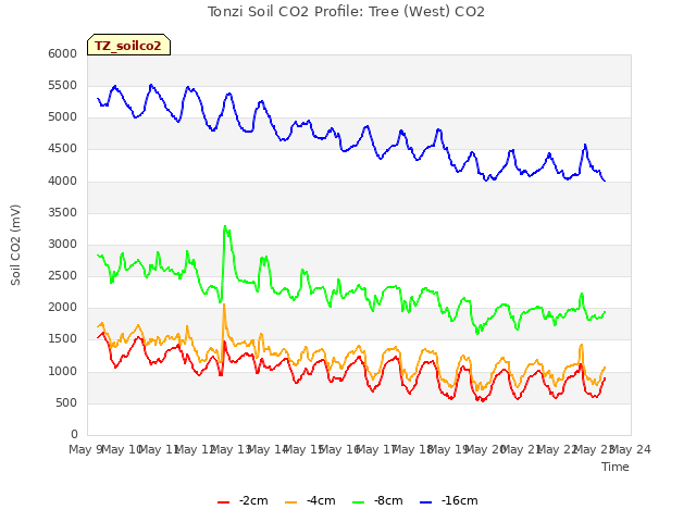 plot of Tonzi Soil CO2 Profile: Tree (West) CO2