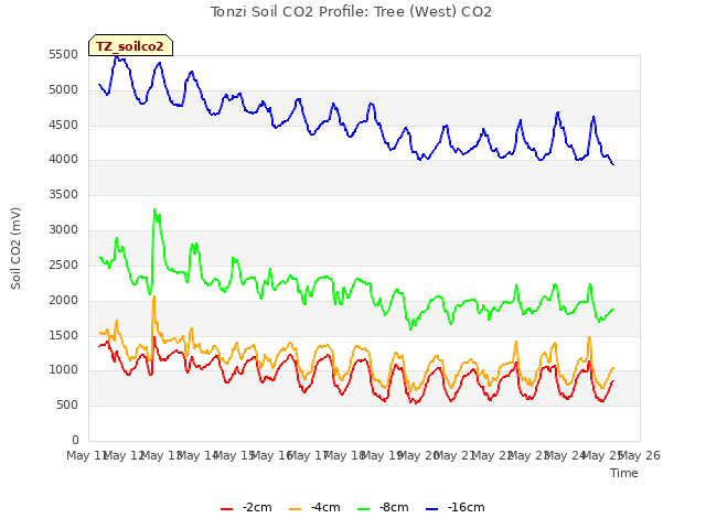 plot of Tonzi Soil CO2 Profile: Tree (West) CO2