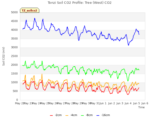 plot of Tonzi Soil CO2 Profile: Tree (West) CO2