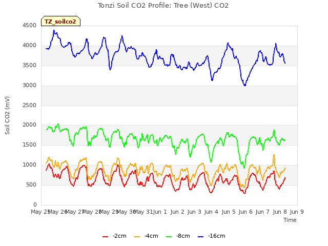 plot of Tonzi Soil CO2 Profile: Tree (West) CO2