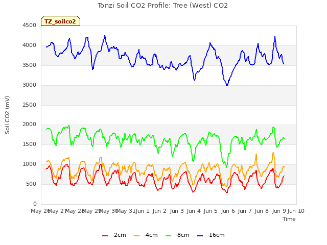 plot of Tonzi Soil CO2 Profile: Tree (West) CO2