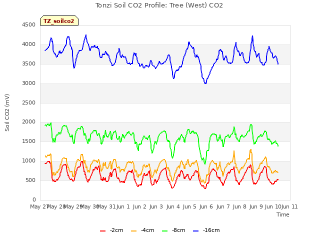 plot of Tonzi Soil CO2 Profile: Tree (West) CO2