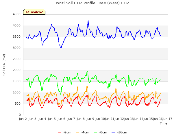 plot of Tonzi Soil CO2 Profile: Tree (West) CO2