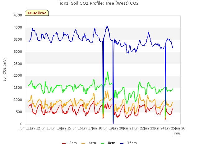 plot of Tonzi Soil CO2 Profile: Tree (West) CO2