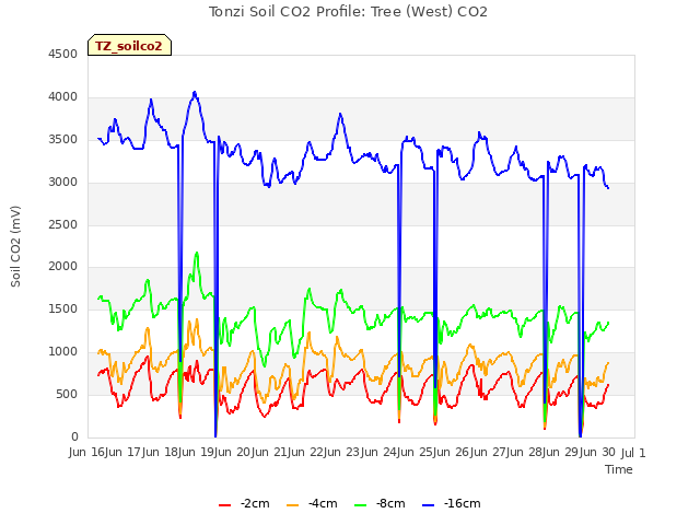 plot of Tonzi Soil CO2 Profile: Tree (West) CO2