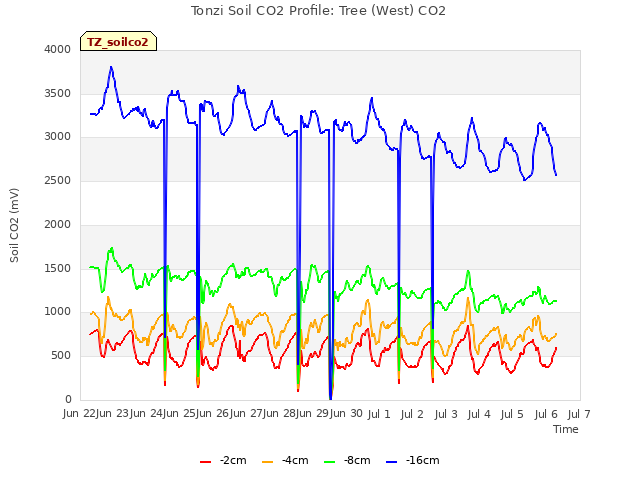 plot of Tonzi Soil CO2 Profile: Tree (West) CO2