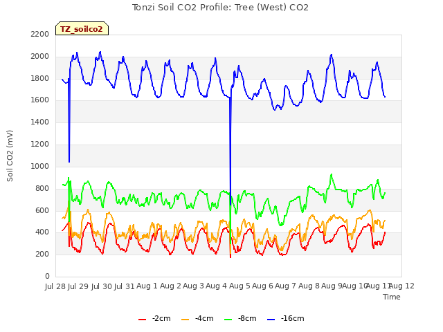 plot of Tonzi Soil CO2 Profile: Tree (West) CO2