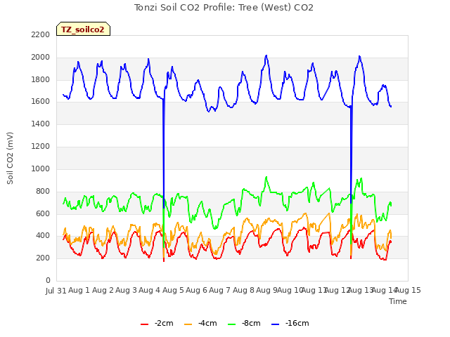 plot of Tonzi Soil CO2 Profile: Tree (West) CO2