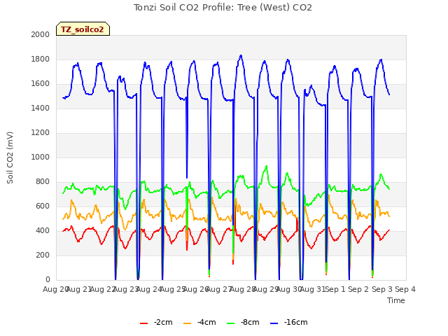 plot of Tonzi Soil CO2 Profile: Tree (West) CO2