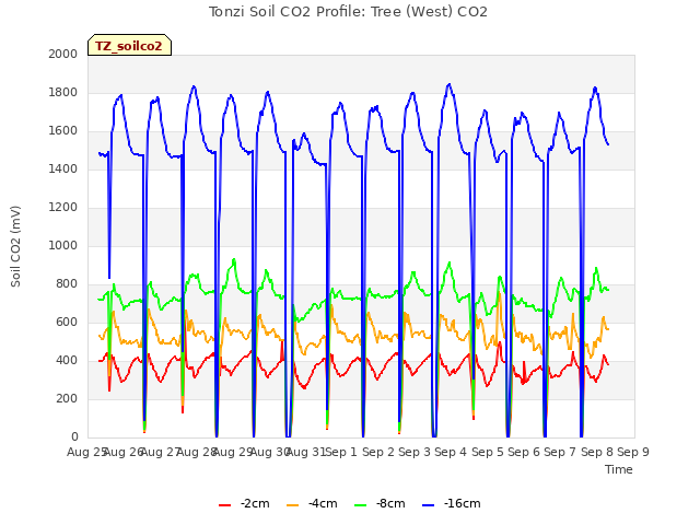 plot of Tonzi Soil CO2 Profile: Tree (West) CO2