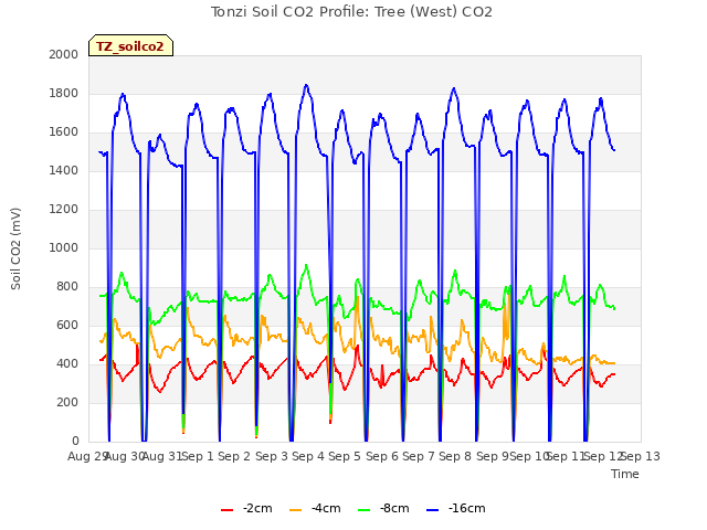 plot of Tonzi Soil CO2 Profile: Tree (West) CO2