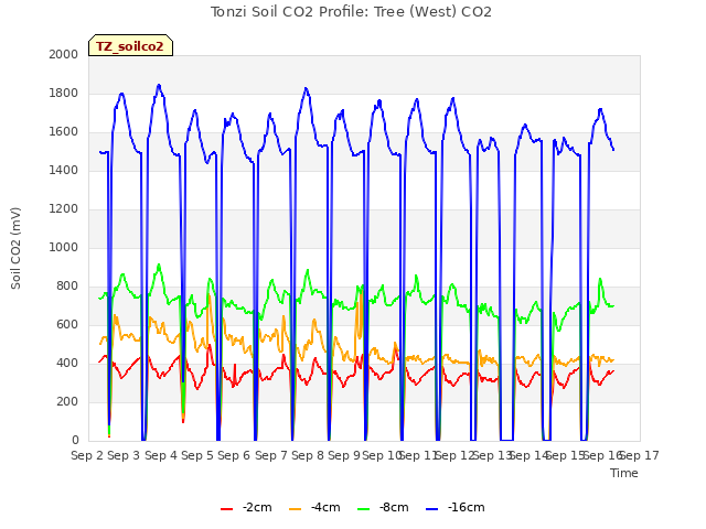 plot of Tonzi Soil CO2 Profile: Tree (West) CO2