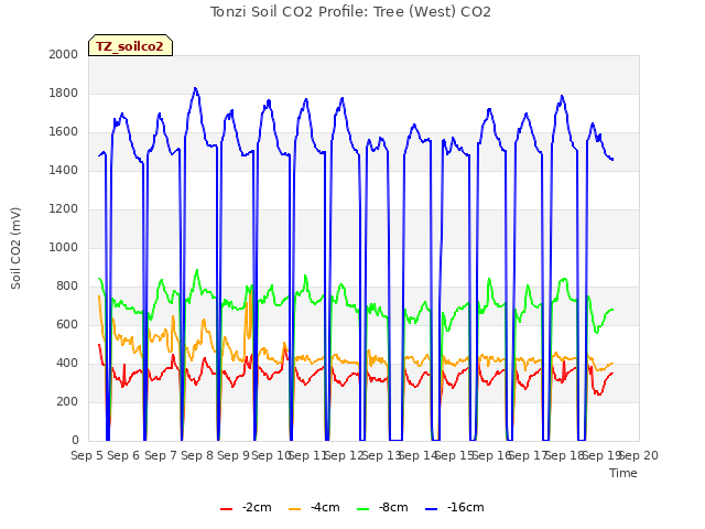 plot of Tonzi Soil CO2 Profile: Tree (West) CO2