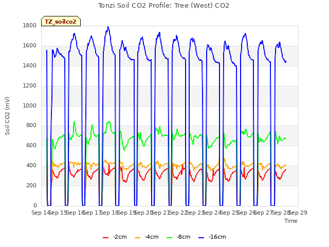 plot of Tonzi Soil CO2 Profile: Tree (West) CO2