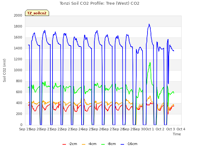 plot of Tonzi Soil CO2 Profile: Tree (West) CO2