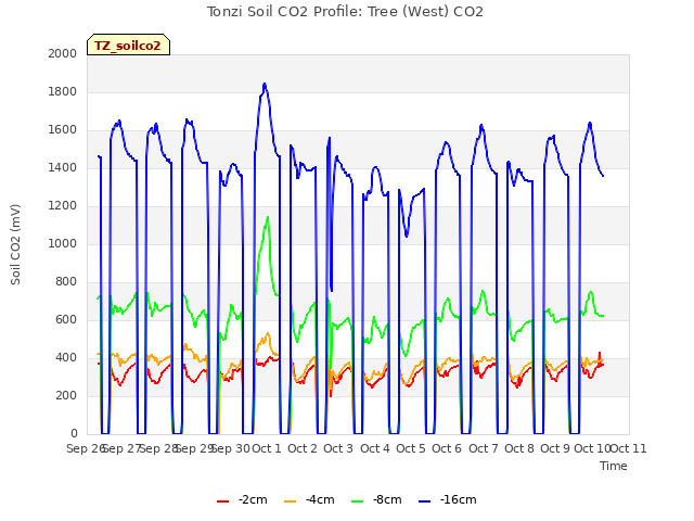 plot of Tonzi Soil CO2 Profile: Tree (West) CO2