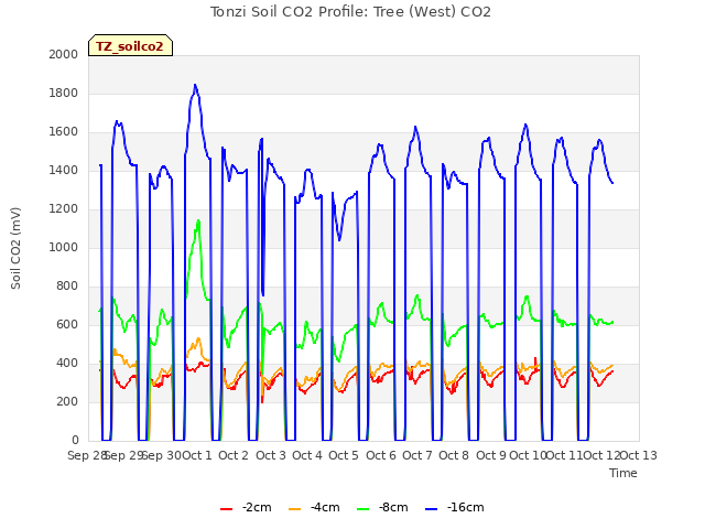 plot of Tonzi Soil CO2 Profile: Tree (West) CO2