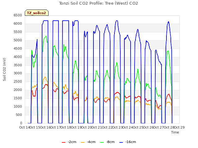 plot of Tonzi Soil CO2 Profile: Tree (West) CO2